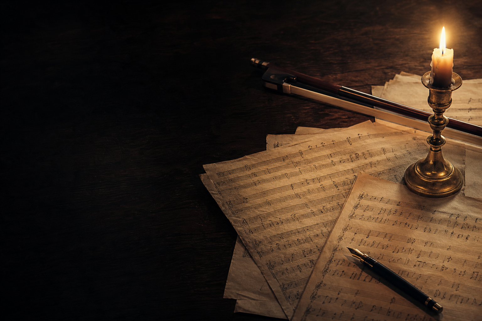 Partituras manuscritas ao lado de um arco de violino, à luz de vela