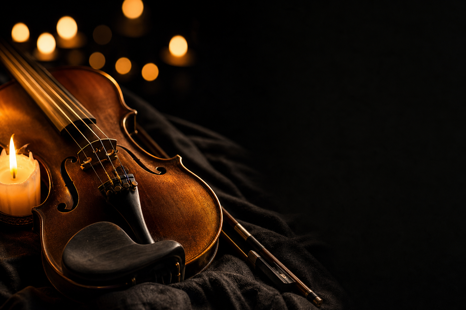 Violino e arco sobre tecido escuro, iluminados por velas