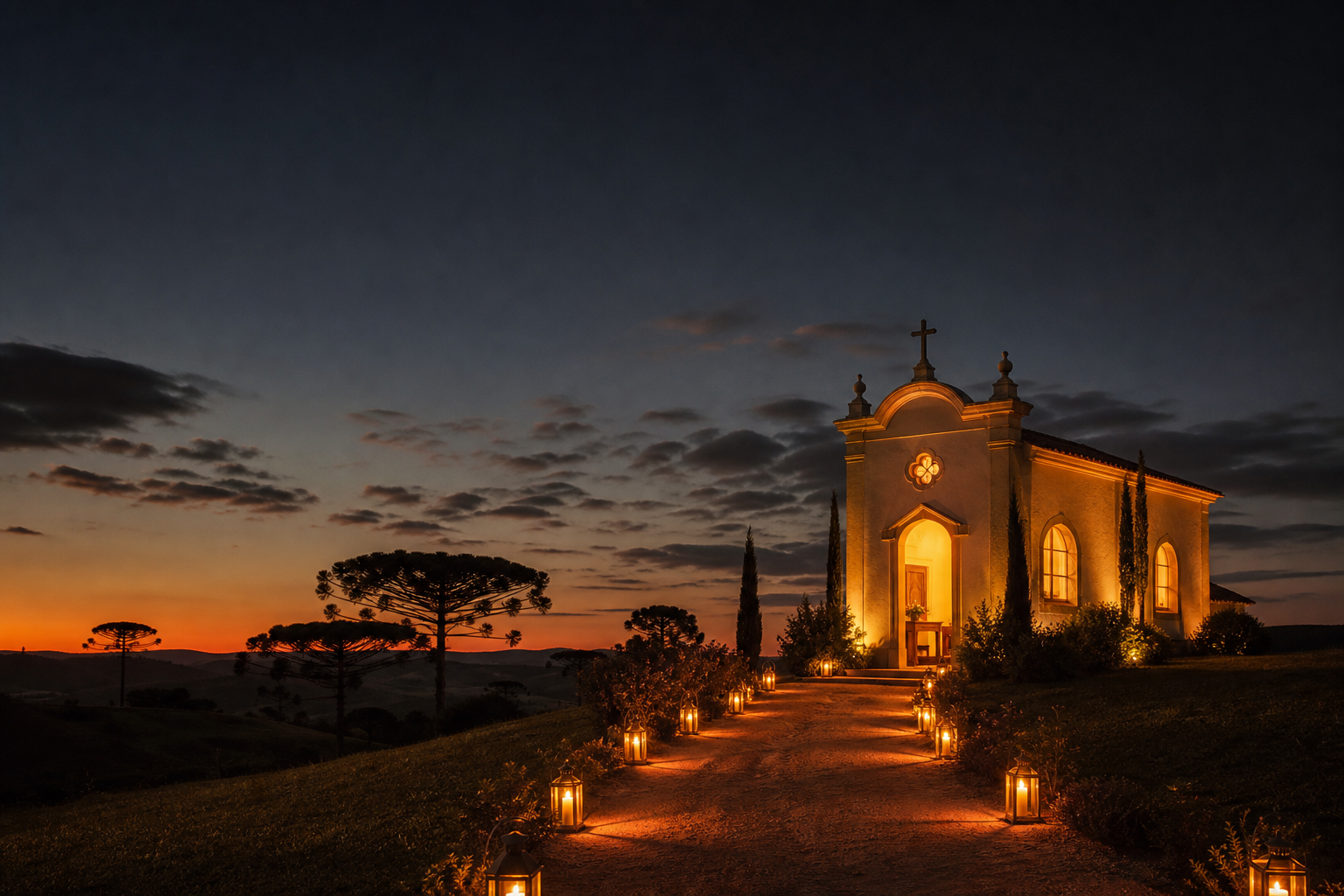 Capela iluminada ao entardecer, caminho de lanternas entre araucárias