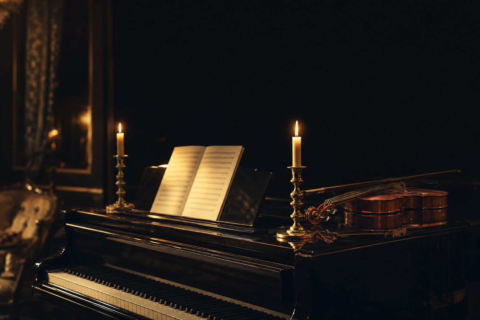 Piano de cauda com partitura, velas acesas e um violino repousado sobre a tampa