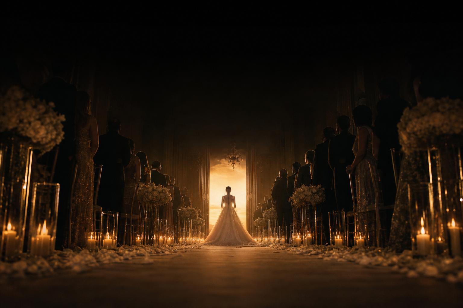 Noiva de costas entrando no corredor da igreja iluminado por velas, convidados de pé