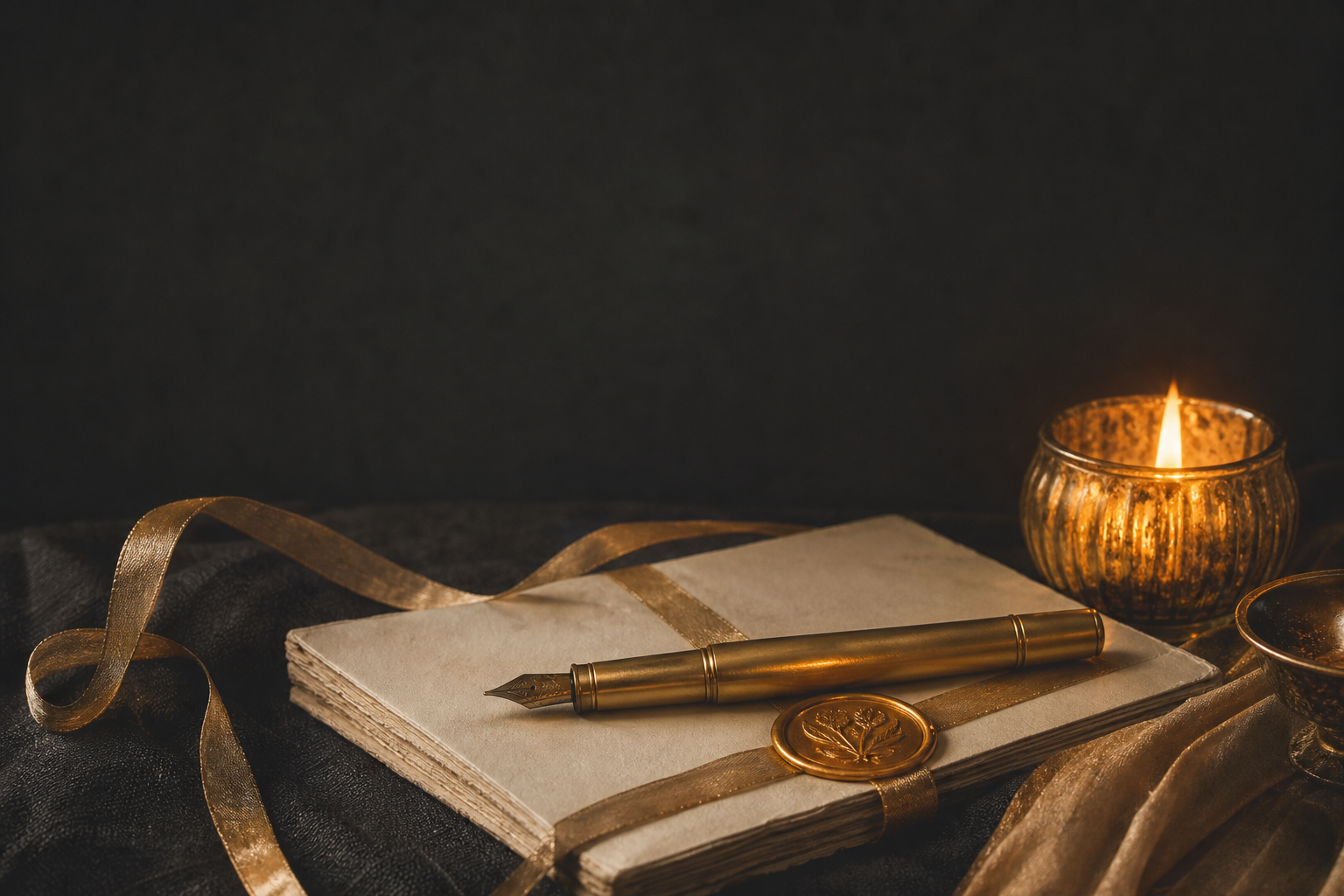 Caneta-tinteiro dourada sobre um caderno lacrado com selo de cera e fita, à luz de vela
